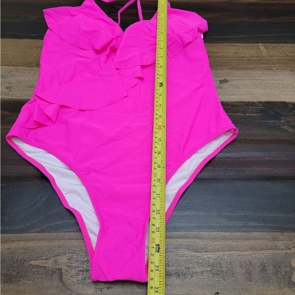 One Piece Swimsuit Y2K Cross Back Adjustable Fiusha Pink Neon V Neck Size L - Picture 6 of 8
